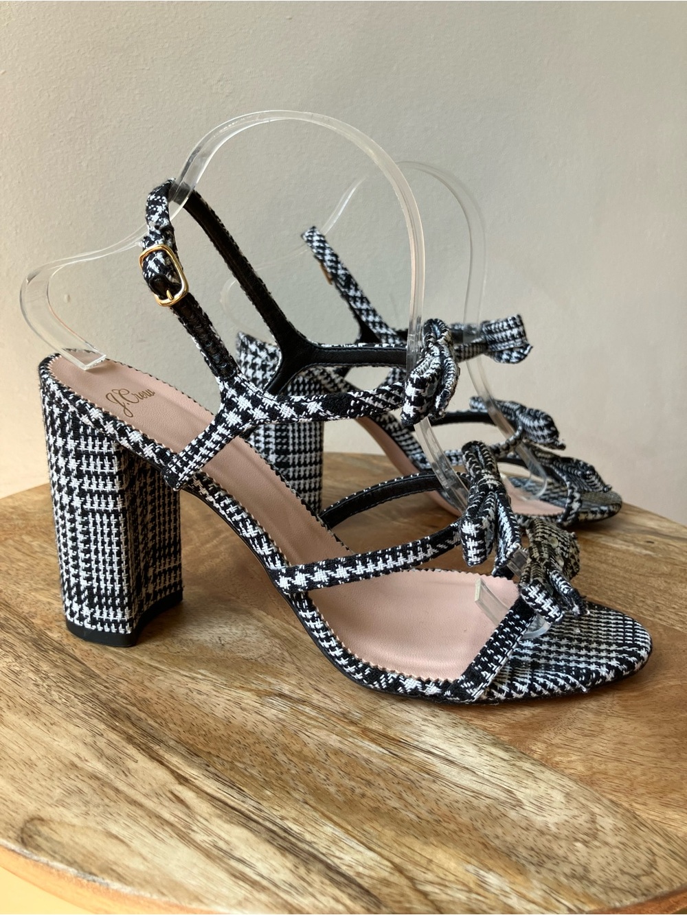 J. Crew | Stella Plaid Bow Strappy Jeweled Chunky Block Heel Sandals